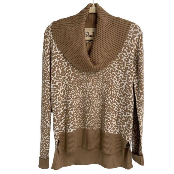Michael Kors Animal Print Cowl Neck Pullover Sweater Tan/White Small - Picture 3 of 10